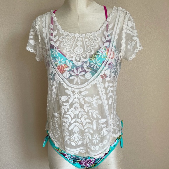 Xhilaration Sheer Lace Embroidered Boho Beach Coverup Top Size XS - Picture 3 of 12